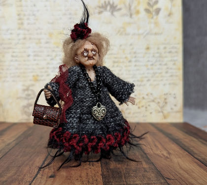 Full-scale view of a handmade gothic miniature — Small art doll Lady Agatha (1/11), Acrylic paint, polymer clay, fabric, wool