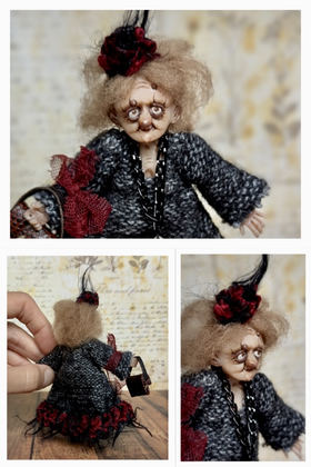 Full-scale view of a handmade gothic miniature — Small art doll Lady Agatha (7/11), Acrylic paint, polymer clay, fabric, wool