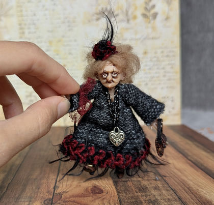 Full-scale view of a handmade gothic miniature — Small art doll Lady Agatha (3/11), Acrylic paint, polymer clay, fabric, wool