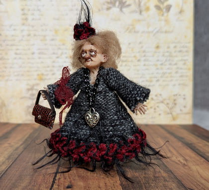 Full-scale view of a handmade gothic miniature — Small art doll Lady Agatha (2/11), Acrylic paint, polymer clay, fabric, wool
