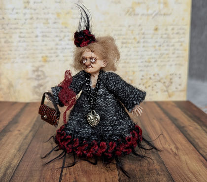 Full-scale view of a handmade gothic miniature — Small art doll Lady Agatha (6/11), Acrylic paint, polymer clay, fabric, wool