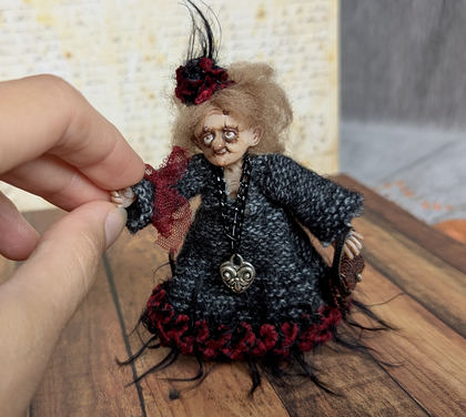 Full-scale view of a handmade gothic miniature — Small art doll Lady Agatha (4/11), Acrylic paint, polymer clay, fabric, wool