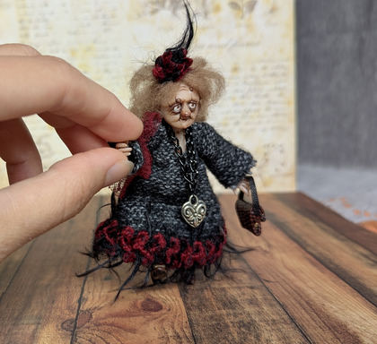 Full-scale view of a handmade gothic miniature — Small art doll Lady Agatha (11/11)