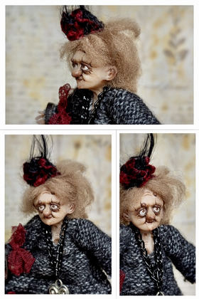Full-scale view of a handmade gothic miniature — Small art doll Lady Agatha (9/11), Acrylic paint, polymer clay, fabric, wool