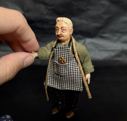 Full-scale view of a handmade gothic miniature — Small art doll Tailor (6/8), Acrylic paint, polymer clay, fabric