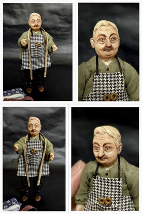 Full-scale view of a handmade gothic miniature — Small art doll Tailor (3/8), Acrylic paint, polymer clay, fabric