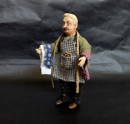 Full-scale view of a handmade gothic miniature — Small art doll Tailor (4/8), Acrylic paint, polymer clay, fabric
