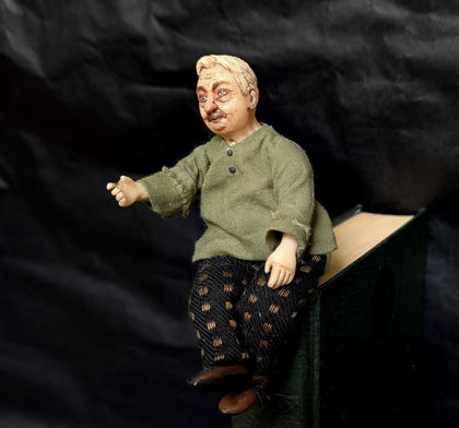 Full-scale view of a handmade gothic miniature — Small art doll Tailor (2/8), Acrylic paint, polymer clay, fabric