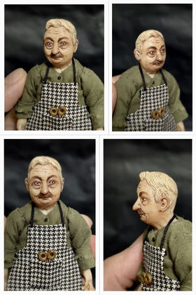 Full-scale view of a handmade gothic miniature — Small art doll Tailor (7/8), Acrylic paint, polymer clay, fabric