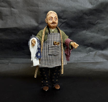 Full-scale view of a handmade gothic miniature — Small art doll Tailor (8/8), Acrylic paint, polymer clay, fabric