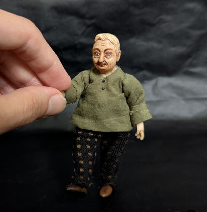 Full-scale view of a handmade gothic miniature — Small art doll Tailor (5/8), Acrylic paint, polymer clay, fabric