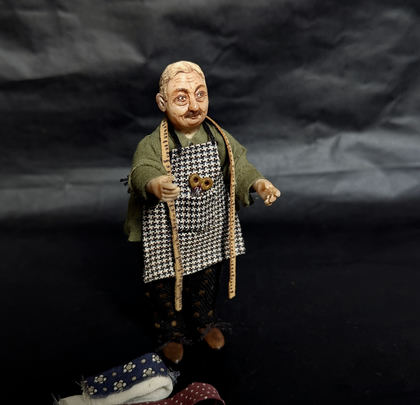 Full-scale view of a handmade gothic miniature — Small art doll Tailor (1/8), Acrylic paint, polymer clay, fabric