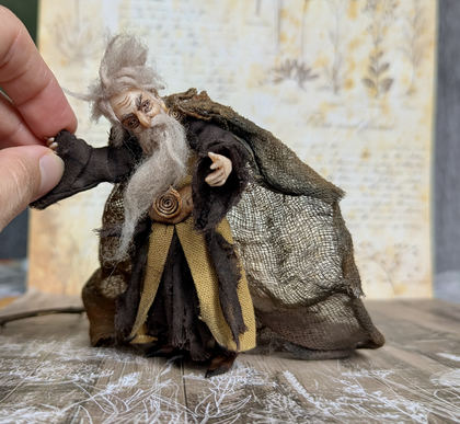 Full-scale view of a handmade gothic miniature — Small art doll Wizard (8/10)