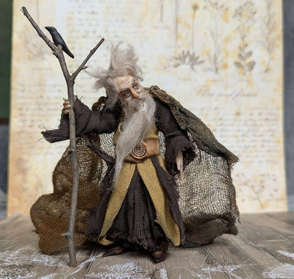 Full-scale view of a handmade gothic miniature — Small art doll Wizard (1/10)