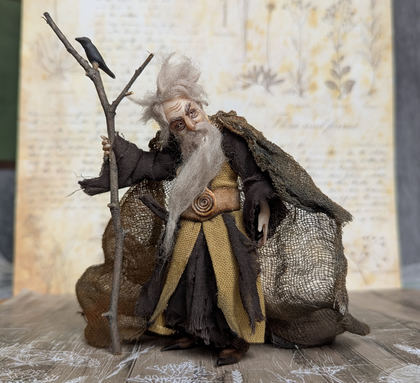 Full-scale view of a handmade gothic miniature — Small art doll Wizard (9/10)