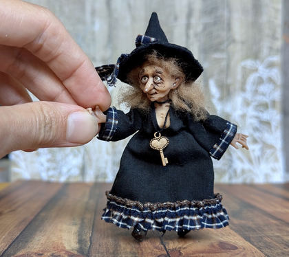 Full-scale view of a handmade gothic miniature — Small art Witch (10/11), one-of-a-kind sculpture by Ritunia