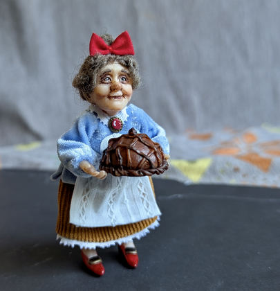 Full-scale view of a handmade gothic miniature — Small doll Granny with bread (2/9)