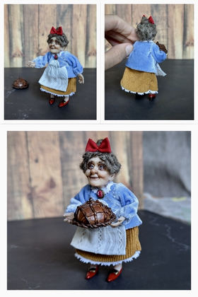 Full-scale view of a handmade gothic miniature — Small doll Granny with bread (1/9)