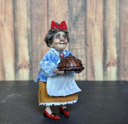 Full-scale view of a handmade gothic miniature — Small doll Granny with bread (4/9)