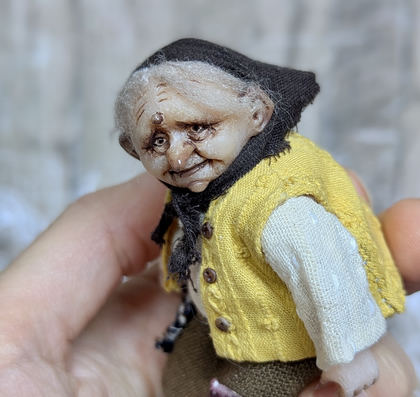 Full-scale view of a handmade gothic miniature — Small doll Granny with her sheep (13/16), one-of-a-kind sculpture by Ritunia
