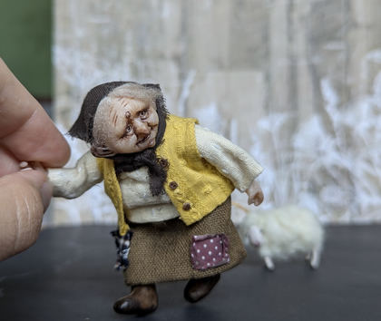 Full-scale view of a handmade gothic miniature — Small doll Granny with her sheep (12/16), one-of-a-kind sculpture by Ritunia