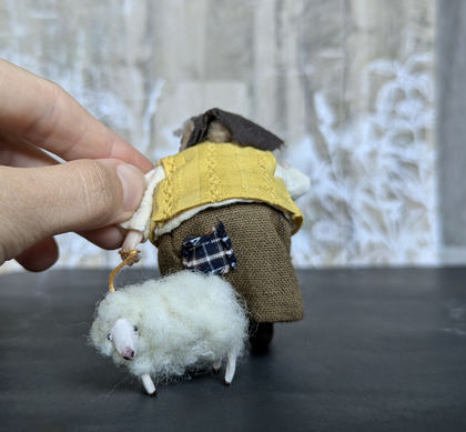 Full-scale view of a handmade gothic miniature — Small doll Granny with her sheep (2/16), one-of-a-kind sculpture by Ritunia