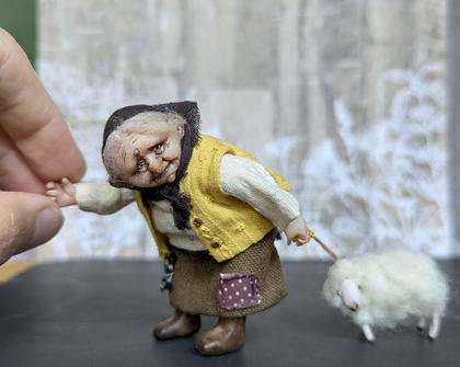Full-scale view of a handmade gothic miniature — Small doll Granny with her sheep (8/16), one-of-a-kind sculpture by Ritunia