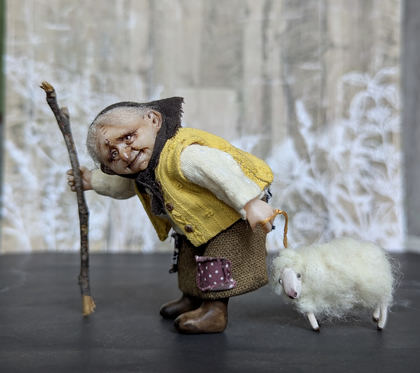 Full-scale view of a handmade gothic miniature — Small doll Granny with her sheep (7/16), one-of-a-kind sculpture by Ritunia