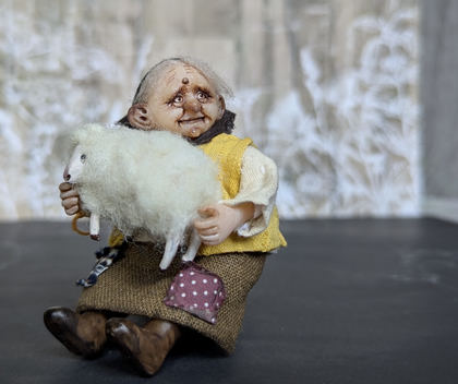Full-scale view of a handmade gothic miniature — Small doll Granny with her sheep (11/16), one-of-a-kind sculpture by Ritunia