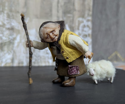 Full-scale view of a handmade gothic miniature — Small doll Granny with her sheep (15/16), one-of-a-kind sculpture by Ritunia