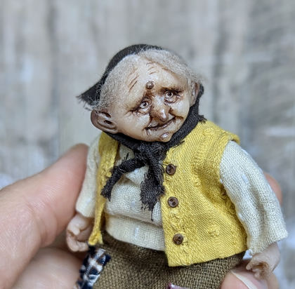 Full-scale view of a handmade gothic miniature — Small doll Granny with her sheep (3/16), one-of-a-kind sculpture by Ritunia