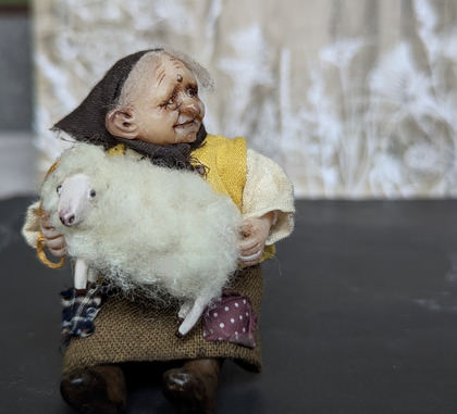 Full-scale view of a handmade gothic miniature — Small doll Granny with her sheep (5/16), one-of-a-kind sculpture by Ritunia