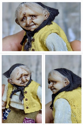 Full-scale view of a handmade gothic miniature — Small doll Granny with her sheep (9/16), one-of-a-kind sculpture by Ritunia