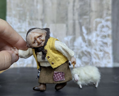 Full-scale view of a handmade gothic miniature — Small doll Granny with her sheep (1/16), one-of-a-kind sculpture by Ritunia