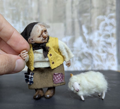 Full-scale view of a handmade gothic miniature — Small doll Granny with her sheep (14/16), one-of-a-kind sculpture by Ritunia