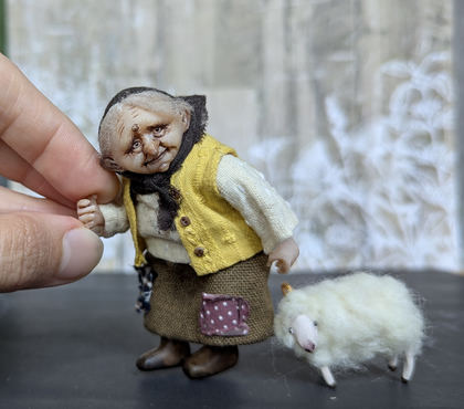 Full-scale view of a handmade gothic miniature — Small doll Granny with her sheep (4/16), one-of-a-kind sculpture by Ritunia