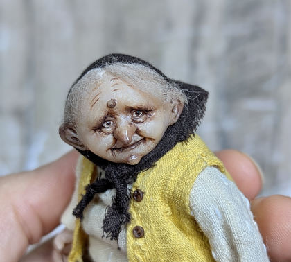 Full-scale view of a handmade gothic miniature — Small doll Granny with her sheep (10/16), one-of-a-kind sculpture by Ritunia