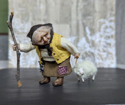 Full-scale view of a handmade gothic miniature — Small doll Granny with her sheep (16/16), one-of-a-kind sculpture by Ritunia