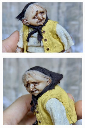 Full-scale view of a handmade gothic miniature — Small doll Granny with her sheep (6/16), one-of-a-kind sculpture by Ritunia
