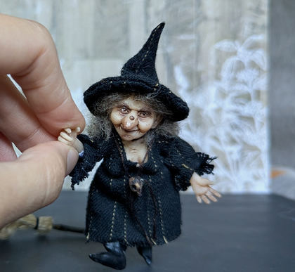 Full-scale view of a handmade gothic miniature — Small doll Witch (1/15)